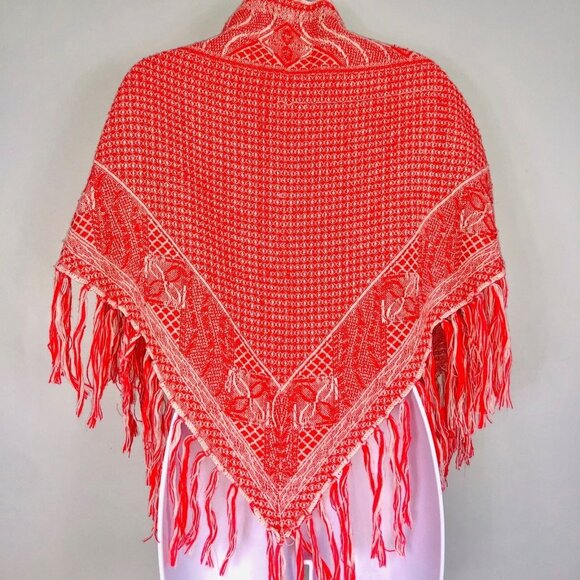 Vintage.70s Womens Red White 100% Acrylic Triangle Fringed Shawl Wrap Japan - Picture 3 of 4